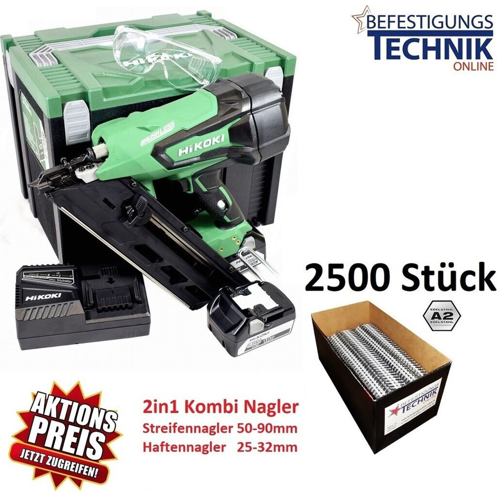 Hikoki - Akku Kombi Haftennagler - NR1890DBRL - Tacker & Nagler - 50-90 mm Nagellänge, 5 Ah Akkukapazität, 2,8 kg